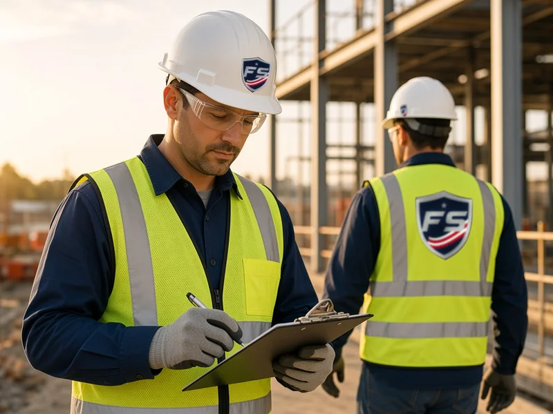 A site safety lead in a hard hat, safety glasses and hi-vis vest reviewing a checklist on a clipboard