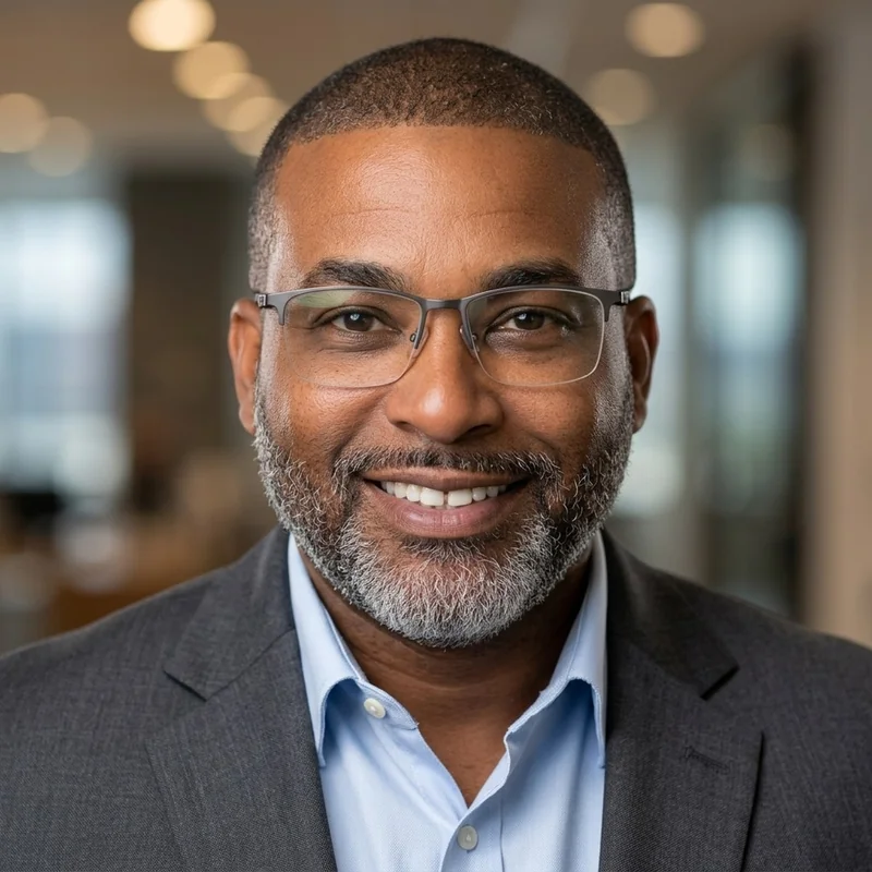 Portrait of the Fieldline Safety founder, smiling, wearing glasses, a gray suit jacket and a light blue shirt in an office